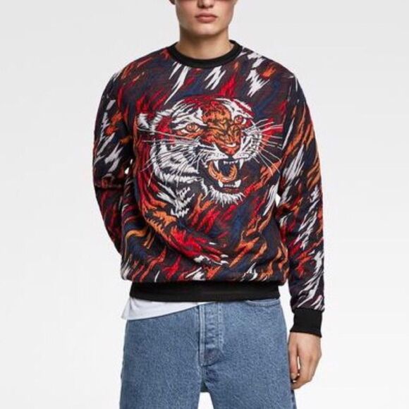 Zara Vintage Crewneck Sweater Pullover With Bold Tiger Flames Design Size M - Picture 1 of 9